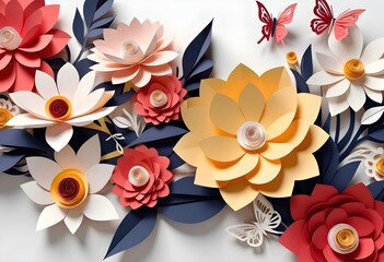 Abstract cut paper flowers isolated, botanical background.