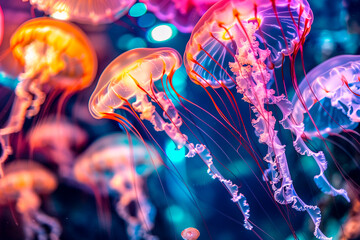 A group of jellyfish are floating in the water