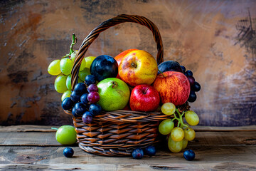 A basket of fruit including apples, grapes, and blueberries
