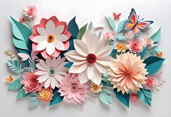 Abstract cut paper flowers isolated, botanical background.