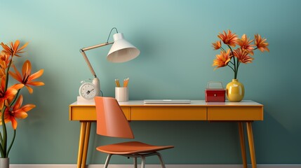 A simple office setup featuring a wooden desk, a laptop, a stylish desk lamp, and colorful stationery, offering a blend of modern design and functional elegance.