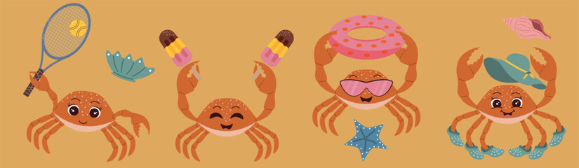 Crab set on the beach. Cute crab playing tennis, swimming, eating ice cream. Summer, beach, sand. Illustrations for your design, stickers, banners, postcards, web, print © Mirikiteki