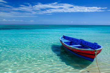 A blue boat is floating in the ocean