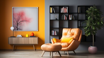 A minimalist background with a wall-mounted bookshelf, neatly arranged books, and a colorful abstract painting, providing a stylish and easy-on-the-eyes office environment.