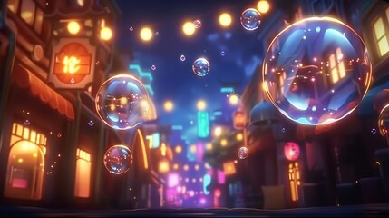bubbles float, soap in air; buildings line both sides, bright lights glow