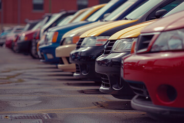 A row of cars are parked in a lot, with some of them being red and yellow