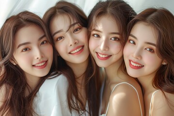 Obraz premium A group of beautiful Korean women with long hair, smiling and posing for the camera in various poses. They have natural makeup and bright smiles that radiate confidence and beauty.