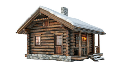 A simple log cabin with a porch and chimney stands in a rustic setting
