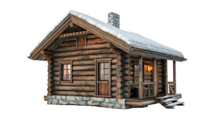 A simple log cabin with a porch and chimney stands in a rustic setting