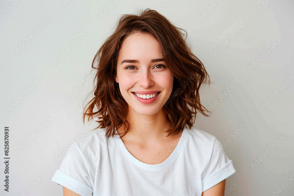 Wall mural A woman with short brown hair is smiling and wearing a white shirt