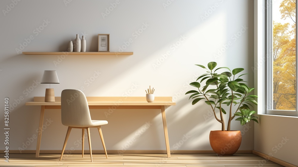 Wall mural A simple mock-up of a modern office with a large window, a minimalist desk, a sleek laptop, and a cup of coffee, emphasizing natural light and simplicity.