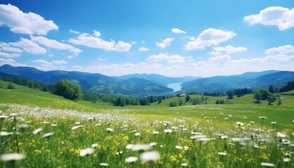 A stunning spring day landscaping views of fertile land surrounded beautiful green vegetation, wide stretches of hills and mountains with clear skies in spring