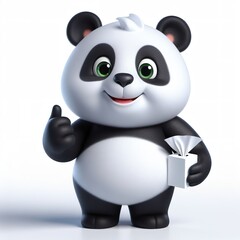 Obraz premium 3d render standing smiling panda full mascot, holding tissue roll, showing thumbs up
