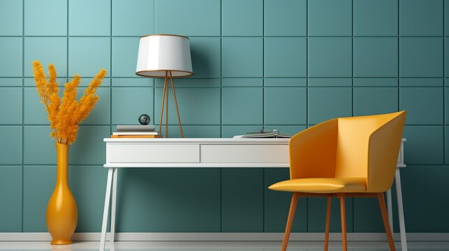 A minimalist office background with a sleek white desk, a modern task lamp, and a set of colorful sticky notes, combining functionality with a touch of color.