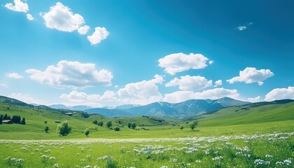 A stunning spring day landscaping views of fertile land surrounded beautiful green vegetation, wide stretches of hills and mountains with clear skies in spring