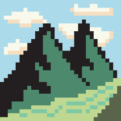 Mountain and river landscape in pixel art style