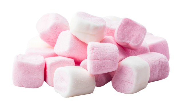 A collection of pink and white marshmallows stacked on top of each other against a plain white backdrop