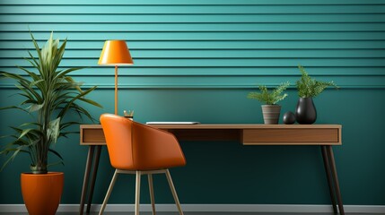 A modern office background with a simple desk, a sleek desk lamp, a plant, and a motivational poster on the wall, creating an inspiring and modern work environment.