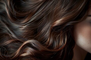 Fototapeta premium Elegant swirls of brown hair with a silky texture. Close-up. Shiny healthy hair texture for stunning backgrounds.