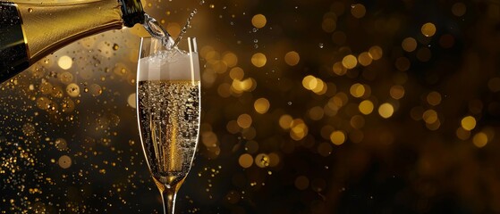 Champagne being poured into a flute glass with golden bokeh lights in the background, celebrating a festive occasion in an elegant ambiance.
