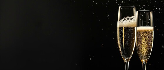 Elegant champagne glasses filled with bubbling sparkling wine on a black background, perfect for celebratory events and festive occasions.