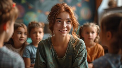 Obraz premium A female social worker sitting in a chair and talking to children at school