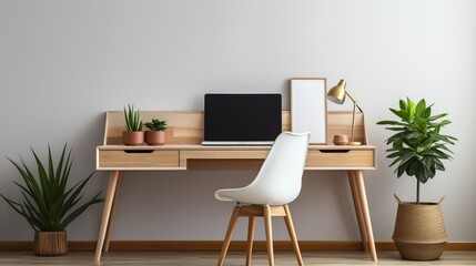 A clean office mock-up with a wooden desk, a sleek monitor, a keyboard, and a small plant, providing a natural and inviting workspace.