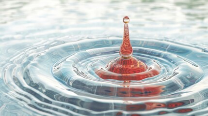  A red-and-white tower emerges from a water drop's center Surrounding it is a circular pool of blue and white water, reflecting light on its surface