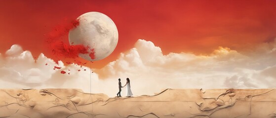 A couple holding hands on a surreal landscape with a large moon and red sky, evoking romance and fantasy. Perfect for imaginative displays.