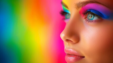  A woman's face, closely framed, against a vibrant multicolored backdrop Her left eyelid boasts a rainbow eye shadow application