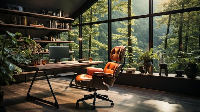 A contemporary office background with a glass desk, a modern ergonomic chair, a laptop, and a motivational quote on the wall, creating an inspiring workspace.