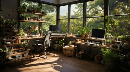 A modern office setup featuring a standing desk, a comfortable stool, dual monitors, and a touch of greenery, promoting a healthy and efficient work environment.