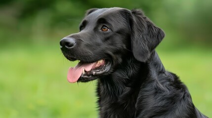  A tight shot of a black dog with its tongue extended from its mouth