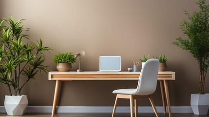 A simple and stylish office background with a wooden desk, a sleek white chair, a laptop, and a small plant, creating a natural and inviting workspace.