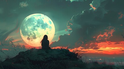 A person sits on a hilltop, silhouetted against a glowing full moonrise and vibrant twilight sky, evoking serenity and wonder.