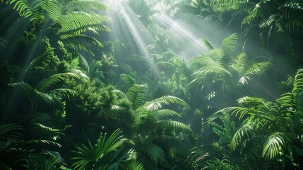 Obraz premium Sunlight filters through lush green tropical rainforest foliage, creating a serene and verdant jungle canopy scene.