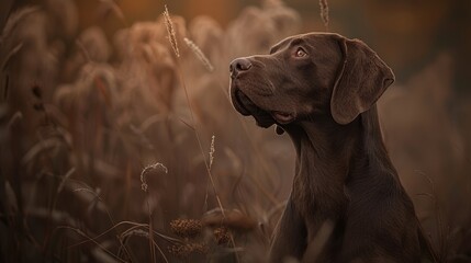  A tight shot of a dog in a verdant field, gazing upwards with the sun casting golden rays upon its head and uplifting face