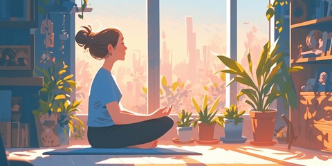 Woman in pixel art doing yoga near window with plants and flowers