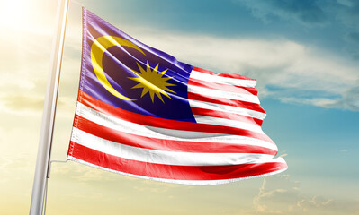 Malaysia national flag waving in beautiful sky.