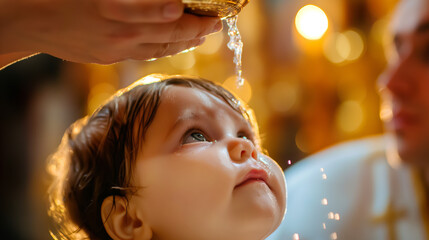 A child's head being anointed with holy water during a christian baptism ceremony in a church setting