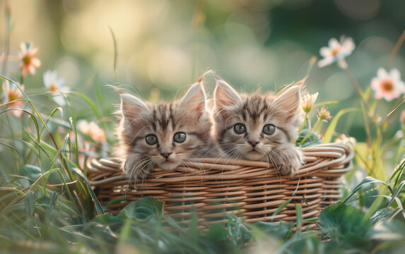 Two cute striped kittens with big eyes peering curiously from a woven basket, set against a colorful blurred garden background