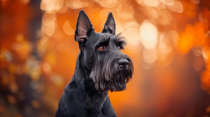  A tight shot of a dog's expressive face against a backdrop of out-of-focus trees and leaves The scene is bathed in warm hues from orange and yellow lights