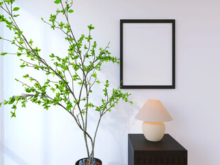 Photo frame mockup with plant and night table. Living room wall mockup. 3D render