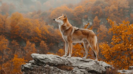 Obraz premium A dog atop a rock, facing a foggy forest of yellow and orange trees - a solitary canine stands