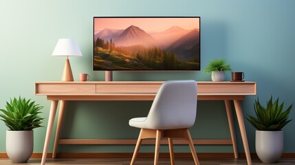 A clean office mock-up with a wooden desk, a sleek monitor, a keyboard, and a small plant, providing a natural and inviting workspace.