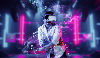 Caucasian man moving to music while using virtual reality glasses. Energetic person with casual cloth enjoy dancing while enter metaverse or simulated world surrounded with music notes. Deviation.