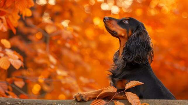  A black-and-brown dog sits atop a tree branch, before a forest ablaze with orange and yellow leaves One tree, laden with numerous leaves, stands out amongst