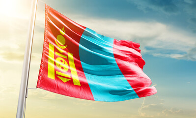 Mongolia national flag waving in beautiful sky.
