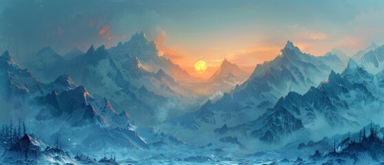 Serene winter landscape with snow-capped mountains and a setting sun, creating a tranquil and...