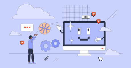 Human and computer device interaction tiny person neubrutalism concept. Modern technology communication using AI or artificial intelligence vector illustration. Fun gaming with advanced systems.